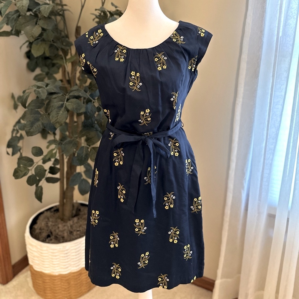 Lands End navy dress with embroidered yellow flowers